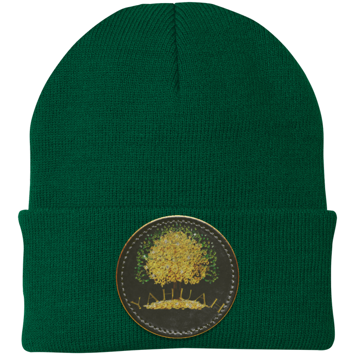 Green knit beanie with a leather patch featuring the gold Yahuah Tree of Life (03) design