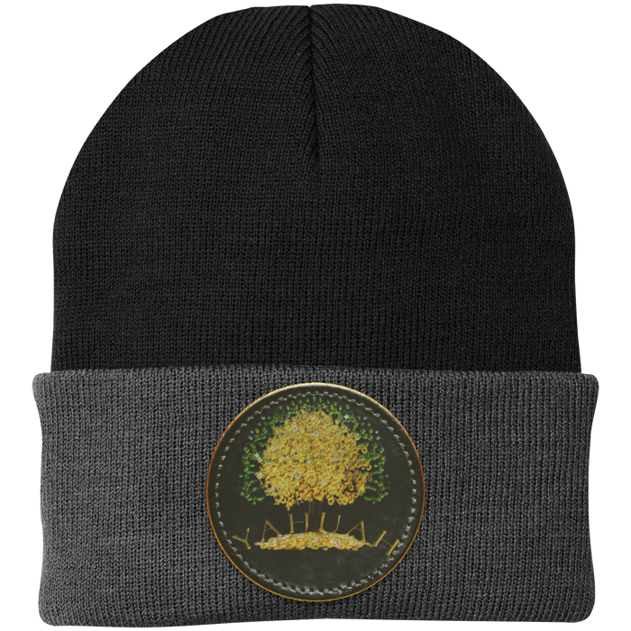 Black+Gray knit beanie with a leather patch featuring the gold Yahuah Tree of Life (03) design