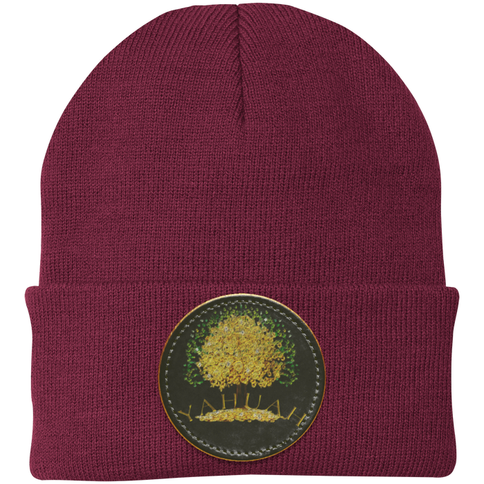 Maroon knit beanie with a leather patch featuring the gold Yahuah Tree of Life (03) design