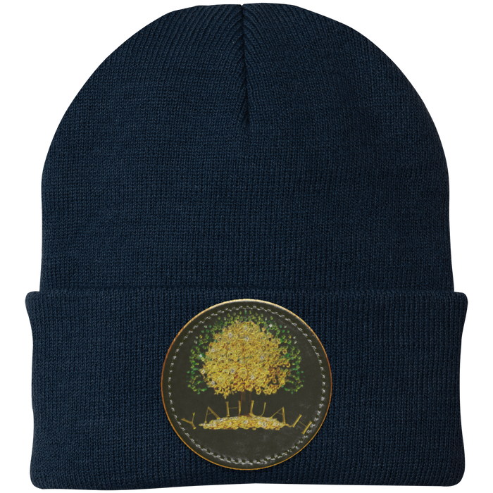 Navy Blue knit beanie with a leather patch featuring the gold Yahuah Tree of Life (03) design
