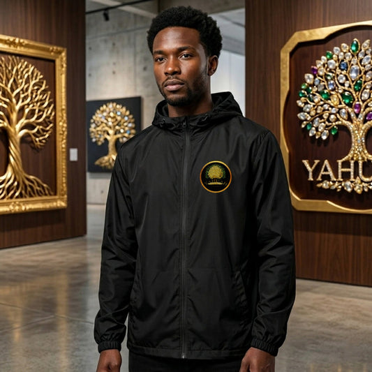 Front view of a unisex lightweight black windbreaker featuring a gold "Yahuah Tree of Life" circular emblem on the chest.