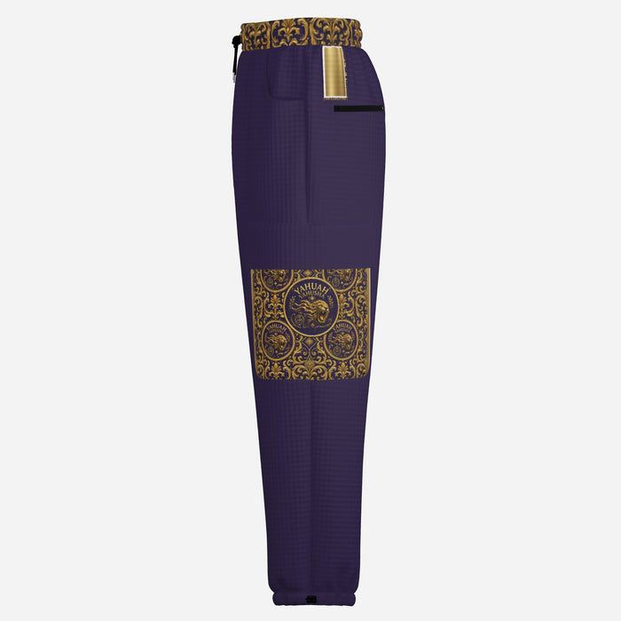 Right side product view of Yahuah Yahusha purple lantern cargo joggers displaying the detailed ornate pocket seal. (116 characters)