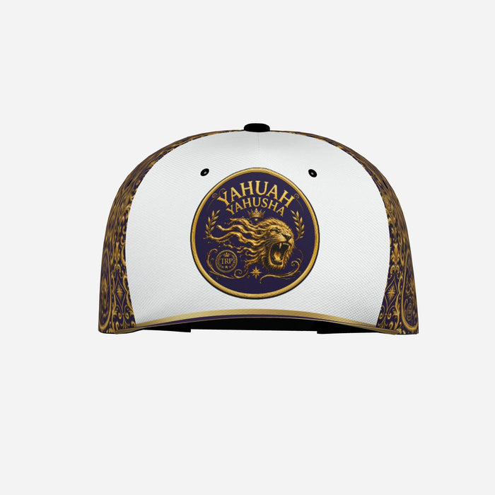 Front view product display of the Yahuah Yahusha (01) Snapback Cap, showing the white front panel centered with a gold roaring lion emblem in a circular crest.