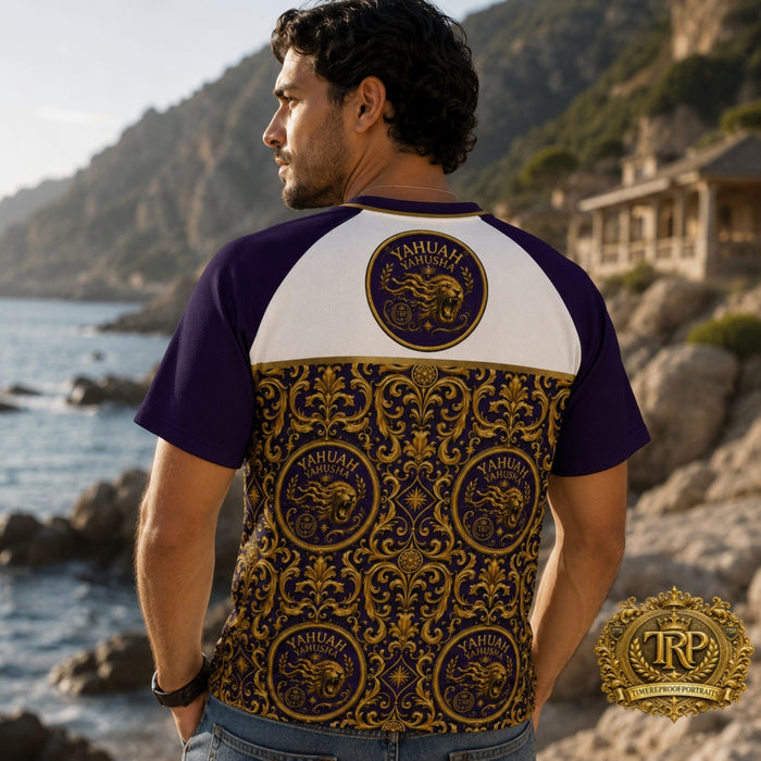 Rear view of man outdoors in a Yahuah Yahusha raglan mesh t-shirt with an ornate gold and purple lion emblem back pattern.