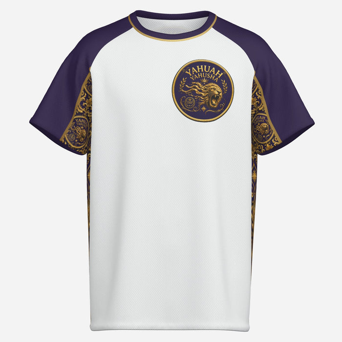 Flat front view of white unisex raglan mesh t-shirt with purple sleeves, gold trim, and a Yahuah Yahusha roaring lion chest emblem.