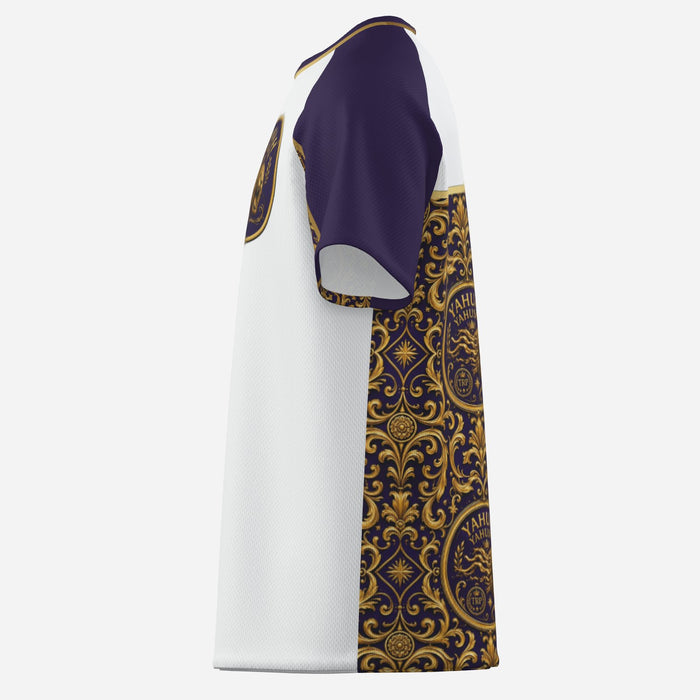 Left side profile of Yahuah Yahusha raglan mesh t-shirt highlighting white front panel, purple sleeve, and gold-patterned side detail.