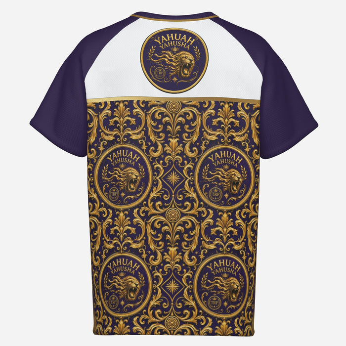 Flat back view of Yahuah Yahusha mesh t-shirt featuring a top lion emblem crest above a detailed gold and purple baroque print pattern.