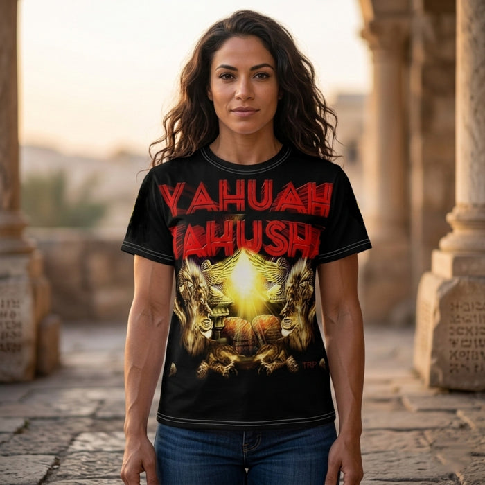 Female model wearing Yahuah Yahusha Covenant & Prophecy black t-shirt with a bold red font and symbolic lion graphic.