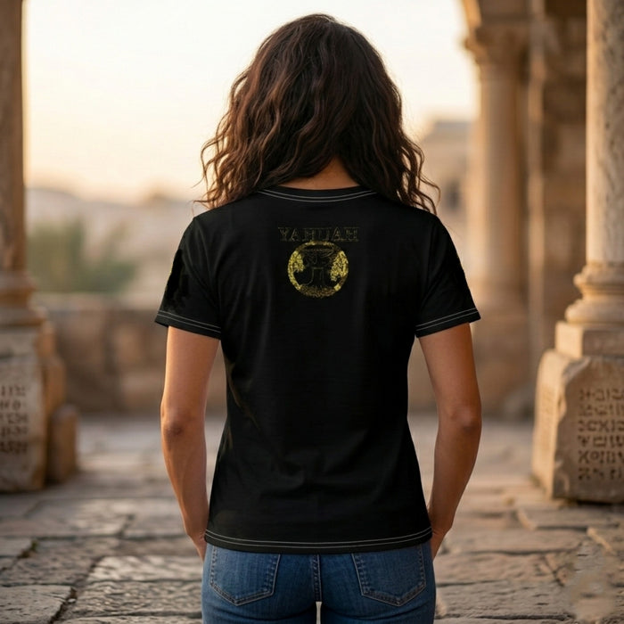 Back view of female model in Yahuah Yahusha black unisex tee showing the golden circular symbol below the neckline.