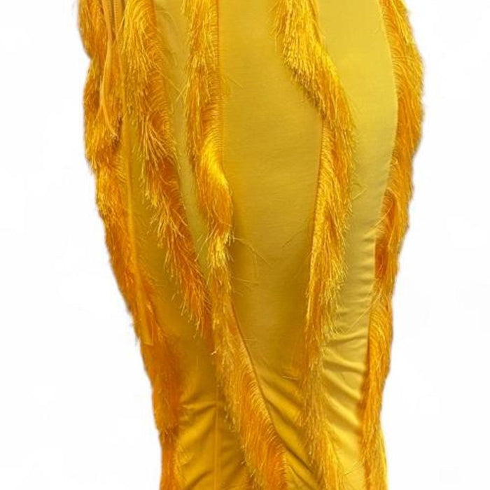 Yellow feathered pants with fringe