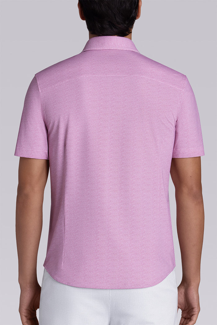 Model wearing Zest Raspberry short sleeve classic collar shirt, styled with white shorts.